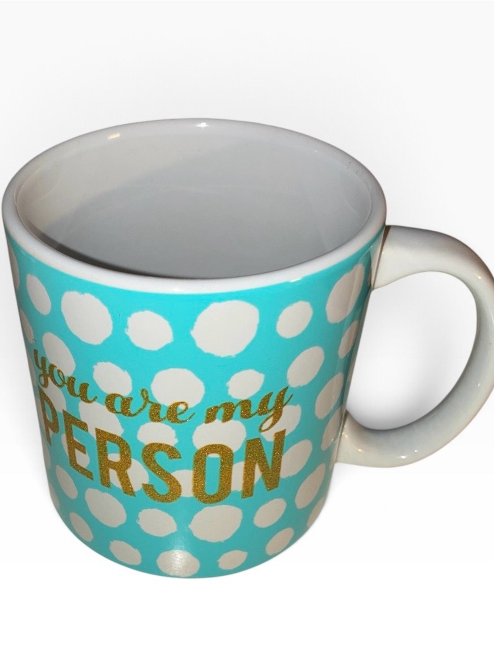 NWT You Are My Person Aqua Polka Dot Ceramic Mug with Gold Lettering